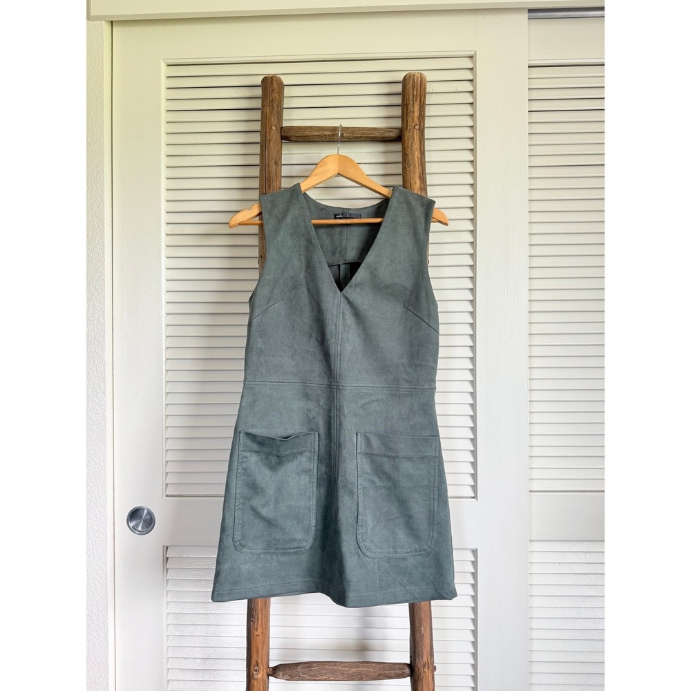 Maddy K Faux‎ Suede Dress S Green Sleeveless V-Neck Mini Shift with Pockets